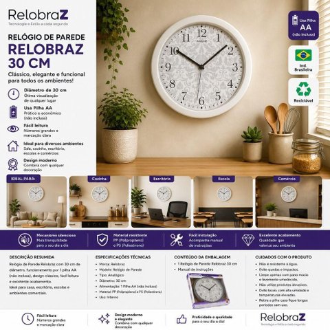 Relógio de Parede Relobraz 30cm Analógico Clássico e Silencioso 30cm
