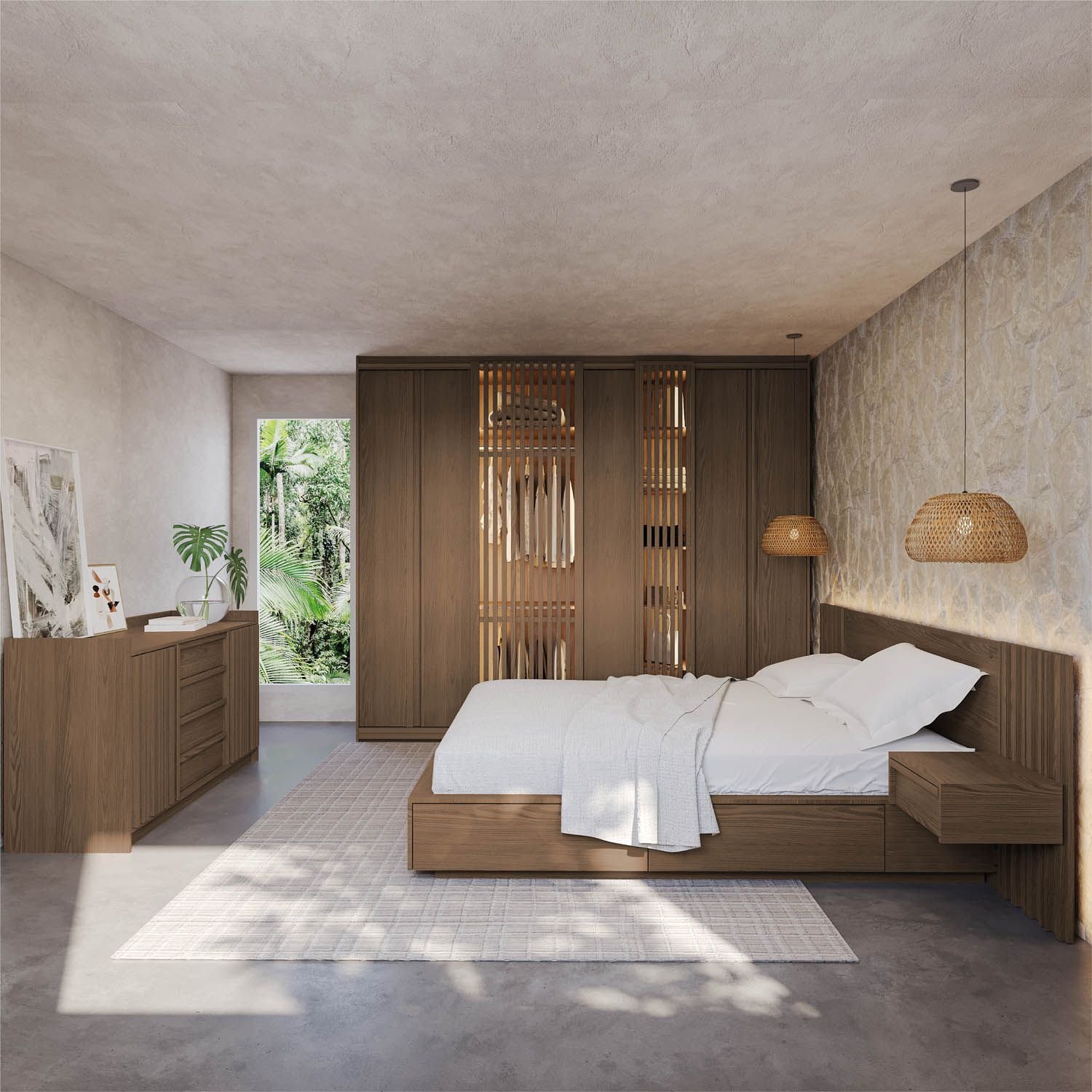 Kit Guarda Roupas 7 Portas, Cama Casal/Queen com LED e Cômoda