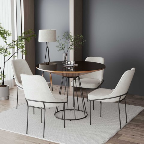 Mesa de Jantar Emma Cone Chanfrada Redonda Nozes Base Preta 1.20 Cm Vidro Preto