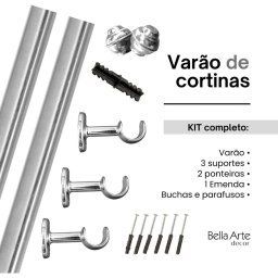 Kit Varão para Cortinas 2.00 Metros 19mm - Branco - 4