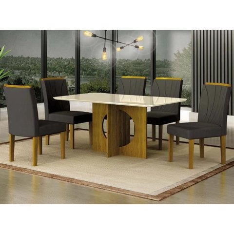 Mesa Lorena 1,60 Freijó/decor Tampo Off C/vidro 6 Cadeiras