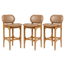 Kit 3 Banquetas Alta Estofada Rafine Madeira Castanho Tecido Impermeável Marrom - 1
