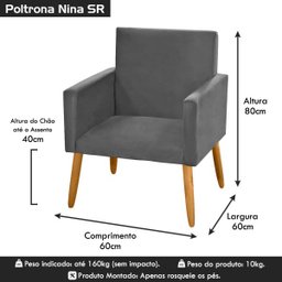 Poltrona Cadeira Decorativa Nina Pés Madeira Suede Cinza Grafite - 5