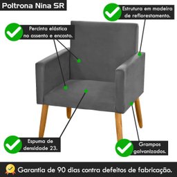 Poltrona Cadeira Decorativa Nina Pés Madeira Suede Cinza Grafite - 4
