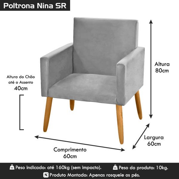Cadeira Poltrona para Sala Pés Madeira Suede Cinza Claro - 5