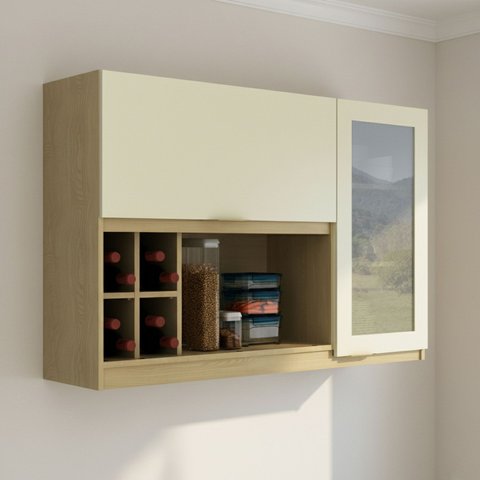 Armário Aéreo 120cm 2 Portas e Nichos 1 Porta C/vidro Reflecta e 1 Basculante Nanda Tm1264 Tecnomóbi