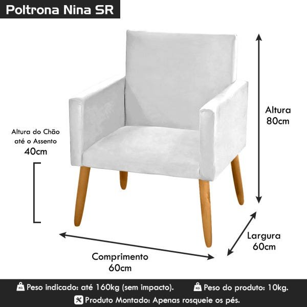 Poltrona Cadeira Decorativa Nina Pés Madeira Tecido Sintético Branco - 5