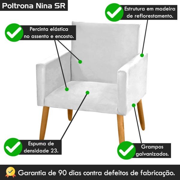 Poltrona Cadeira Decorativa Nina Pés Madeira Tecido Sintético Branco - 4