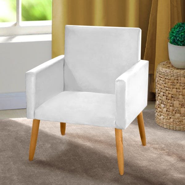 Poltrona Cadeira Decorativa Nina Pés Madeira Suede Branco