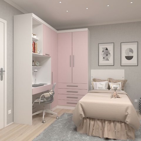 Quarto Modulado Solteiro de Canto 3 Peças 4 Portas 4 Gavetas Alpes Luciane