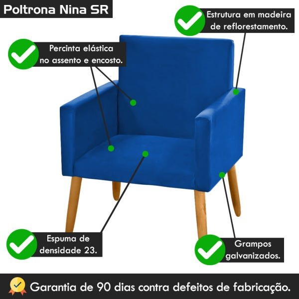 Poltrona Cadeira Decorativa Nina Encosto Alto Suede Azul Royal - 4