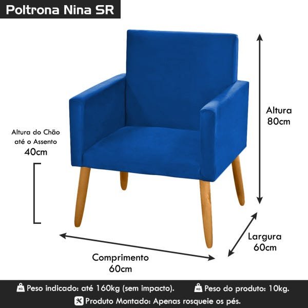 Poltrona Cadeira Decorativa Nina Encosto Alto Suede Azul Royal - 5