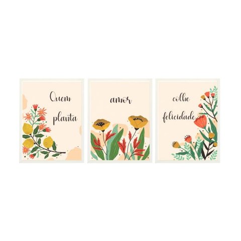 Conjunto Quadros Decorativos Moldura Frase Flor Quarto Sala