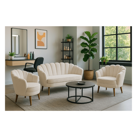 Kit Namoradeira e 2 Poltronas Pétala Decorativa Veludo Bege - Montanaris Decor