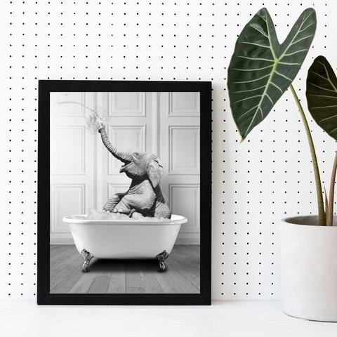 Quadro Decorativo Banheiro- Elefante Banheira 24x18cm - com Vidro:madeira Branca