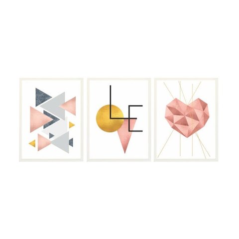 Conjunto Quadro Decorativo Moldura Abstrato Rose Love Sala