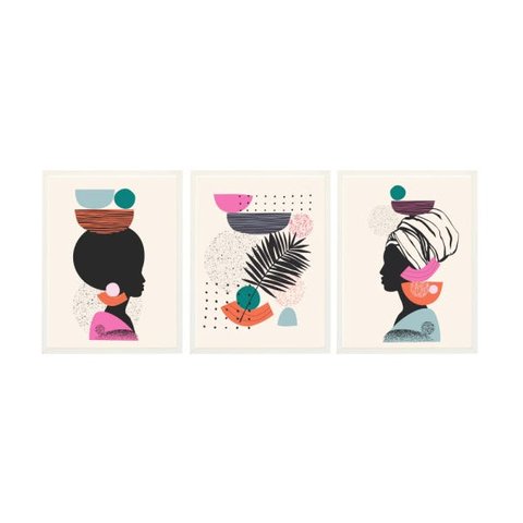 Quadro Decorativo Mulher Negra Africana Cores 3 peças Sala