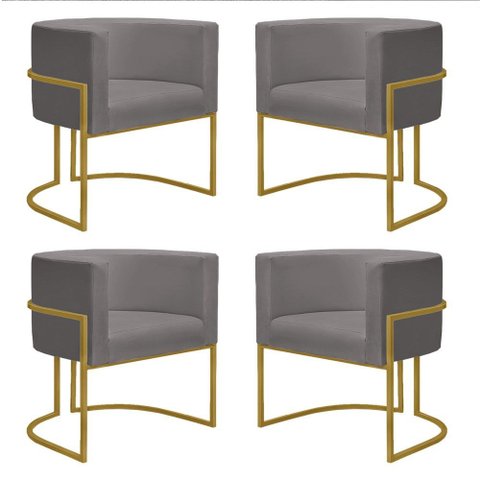 Kit 4 Poltronas Reforçadas Decorativa Sala Nayara Base Ferro Dourado Suede Cinza