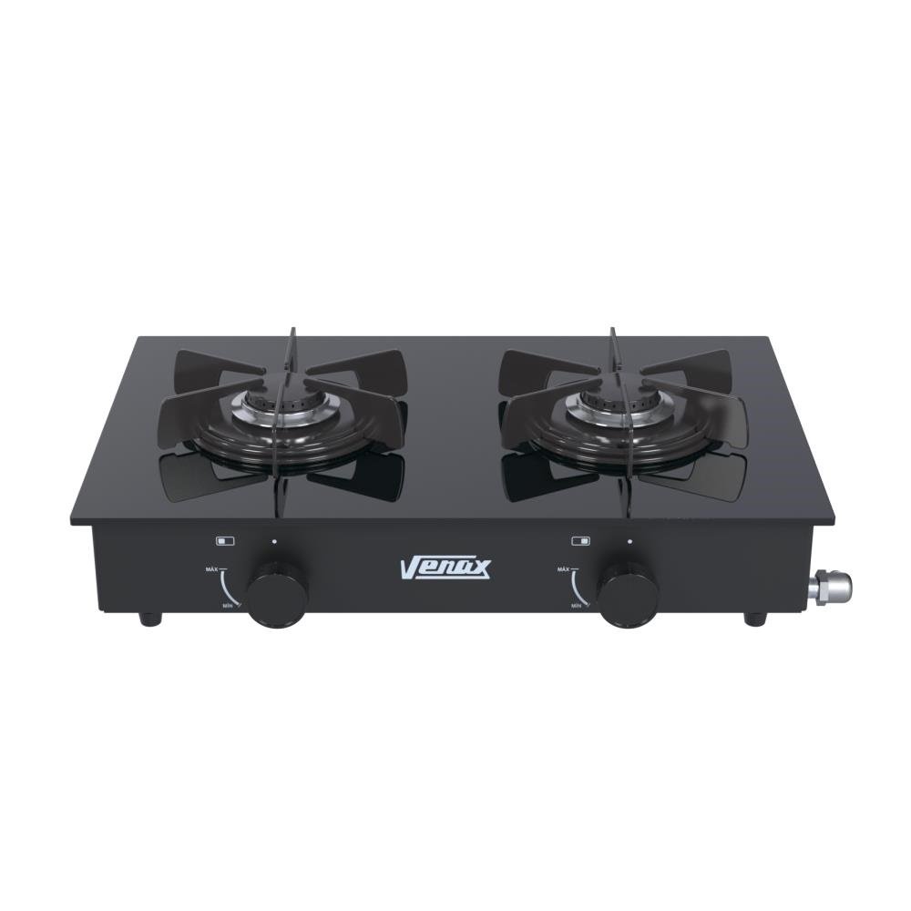 FOGAO DE MESA 2 BOCAS VENAX FLAMALAR VITREO PRETO FOSCO GAS GLP