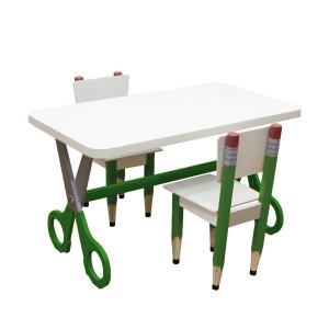 Conjunto Mesa e 2 Cadeiras Infantil Formato Lápis Tesoura:verde