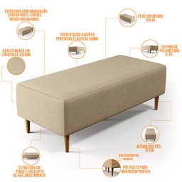 Puff Decorativo Sala de Estar Bali W01 Pés Palito 120x50cm Linho Bege Escuro - 3