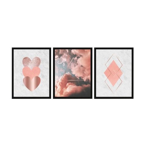 KIT Quadros Decorativos Rosa Coração Love Quarto Sala 3 pçs
