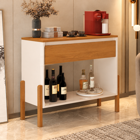 Aparador Buffet Líbano 90cm MDF com Gaveta e Pés Madeira Maciça Off White com Nature