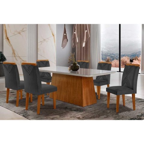 Conjunto: Mesa Sala Jantar Luna Tampo Madeirado C/ Vidro Canto Curvo 180x90 e 6 Cadeiras Amsterdã