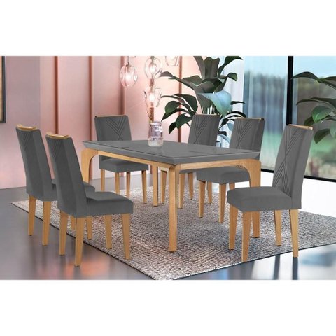 Conjunto: Mesa de Cozinha Londrina C/ Tampo Madeirado C/ Vidro Canto Curvo 180x90cm e 6 Cadeiras