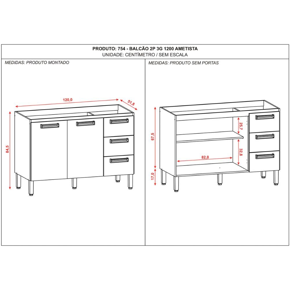 Balcão de Cozinha 120 cm 2 Portas e 3 Gavetas Sem Tampo Freijó Supremo Ametista Kits Paraná - 3