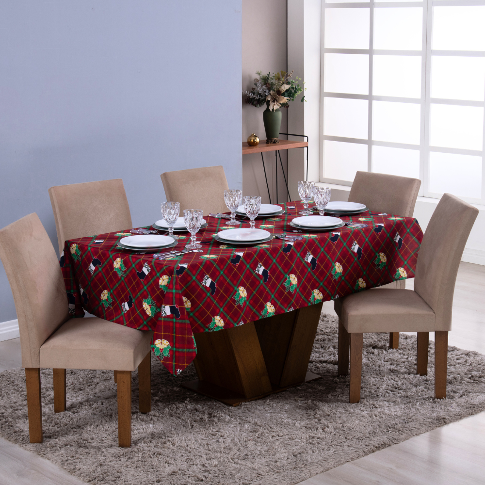 Toalha de Mesa Posta Natal 1 Peça Oxford 6 Lugares Xadrez