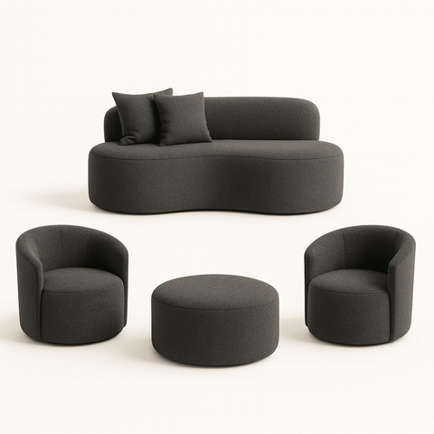 Conjunto 2 Poltronas +sofá e Puff Curvo Orgânico Nature Gaia Boucle Cinza Escuro -montanaris Decor