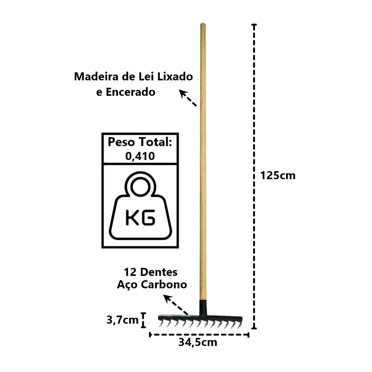 Ancinho 12 Dentes Aço Carbono Cabo Madeira pra Limpeza 125cm Minasul - 3