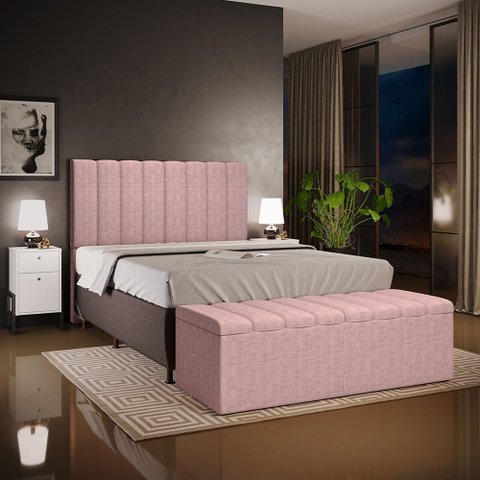 Kit Cabeceira Cama Box Queen 160cm e Calçadeira Recamier Baú Dália W01 Linho Rosa - Lyam Decor