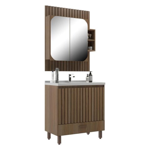 Conjunto de Banheiro Gabinete com Pia e Espelheira 4 Portas Ripado 80cm Multimóveis CR10174 Noce