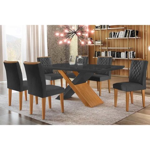 Conjunto: Mesa Sala Jantar Imperatriz Tampo Madeirado C/ Vidro Canto Curvo 180x90 e 6 Cadeiras Jade