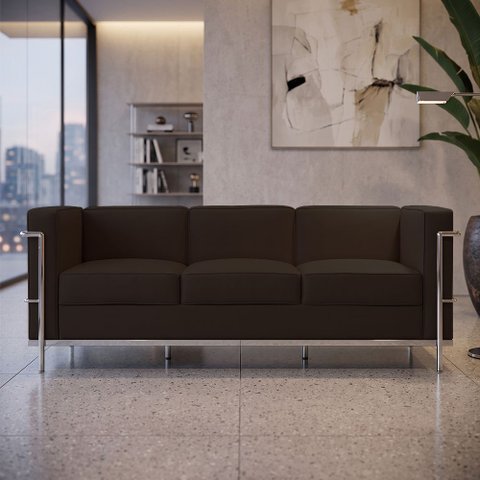 Sofá Le Corbusier 3 Lugares Couro Sintético Linha Premium Clássico Sala Escritório Luxo - Marrom