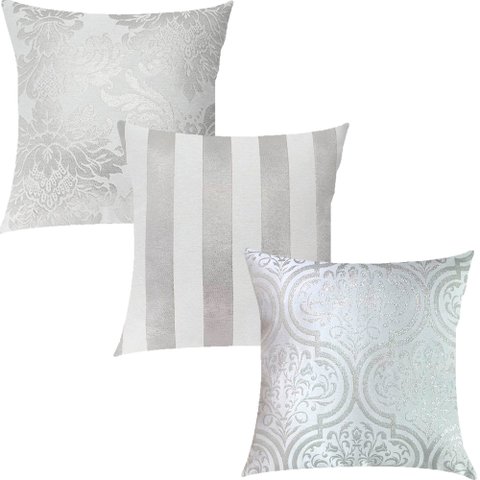 Kit 3 Capas de Almofadas Luxo Adamascado, Listrado e Medalhão Prata e Branco 45x45cm Sua Casa Decor