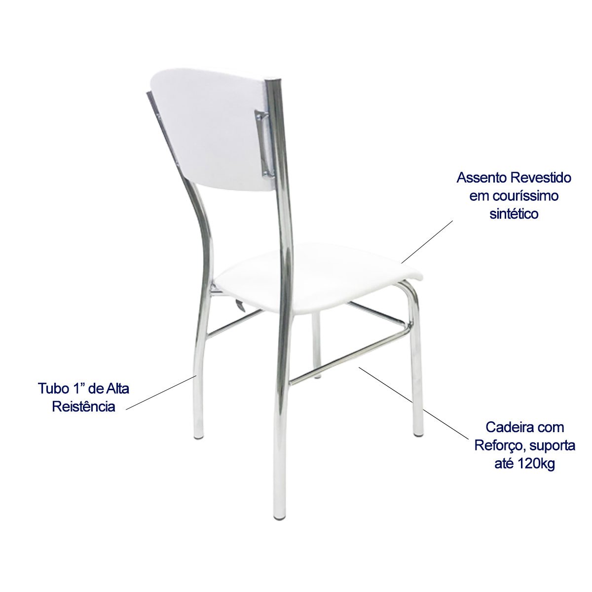 Kit 2 Cadeiras de Cozinha com Reforço Cromada Assento e Encosto Branco - Poltronas do Sul - 3