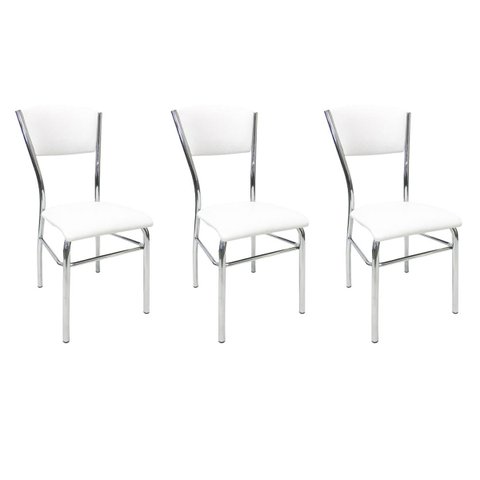 Kit 3 Cadeiras de Cozinha com Reforço Cromada Assento e Encosto Branco - Poltronas do Sul