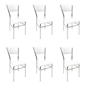 Kit 6 Cadeiras de Cozinha com Reforço Cromada Assento e Encosto Branco - Poltronas do Sul