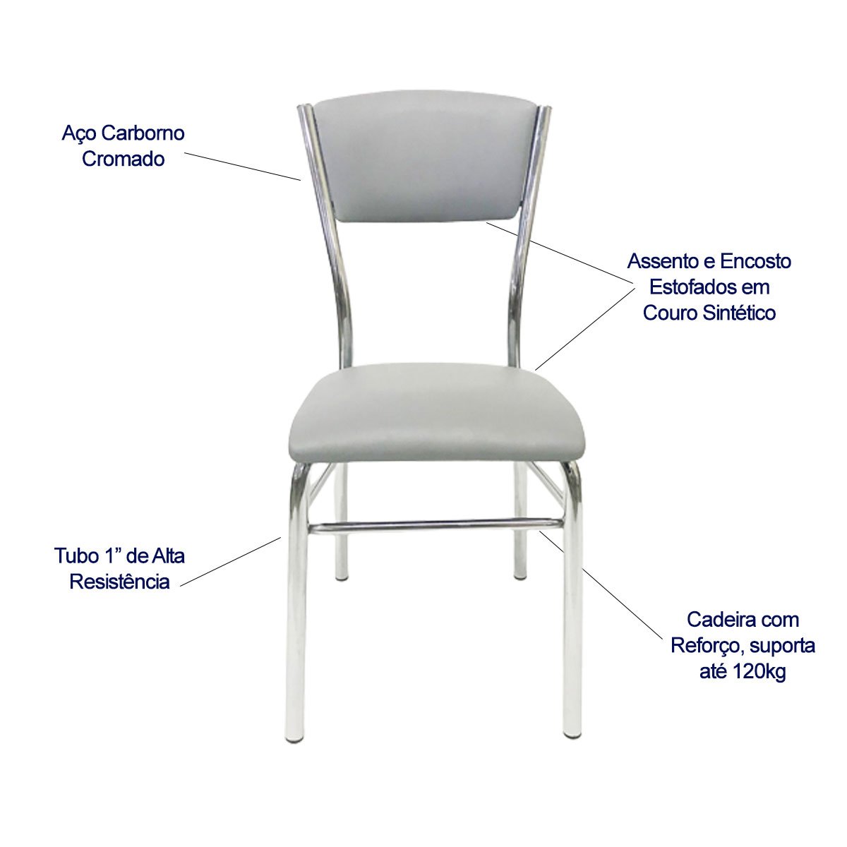 Kit 2 Cadeiras de Cozinha com Reforço Cromada Assento e Encosto Cinza - Poltronas do Sul - 2