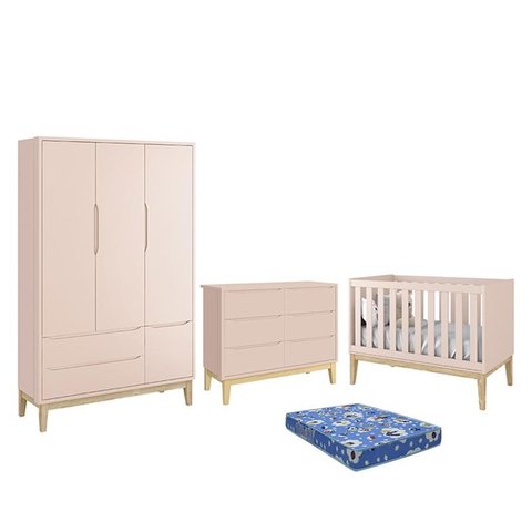 Dormitório Infantil Classic 3 Portas, Cômoda 6 Gavetas, Berço Rosa Fosco com Pés Madeira Natural e C