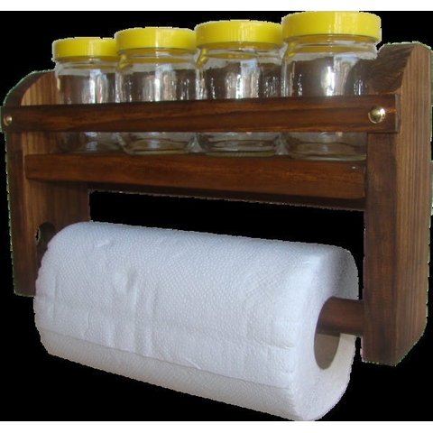 Porta Tempero em Madeira com 4 Potes + Porta Papel Toalha:Amarelo