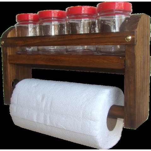 Porta Tempero em Madeira com 4 Potes + Porta Papel Toalha:Vermelho