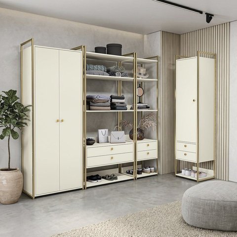 Kit Dormitorio 3 Portas 6 Gavetas Industrial Branco/Off White/Dourado