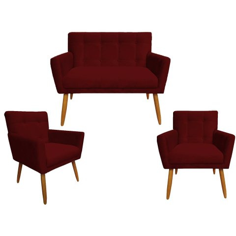 Kit Namoradeira + 2 Poltronas Decorativa Onix Suede Marsala Pés Madeira Ms Decor