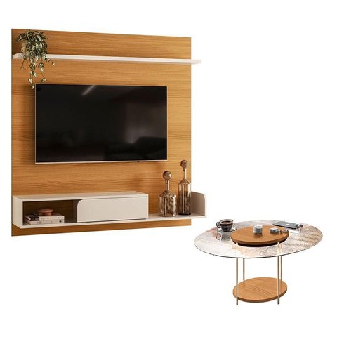 Painel para Tv Suspenso Evo com Mesa de Centro Sky com Tampo de Vidro Cinamomo Off White – Hb Móveis
