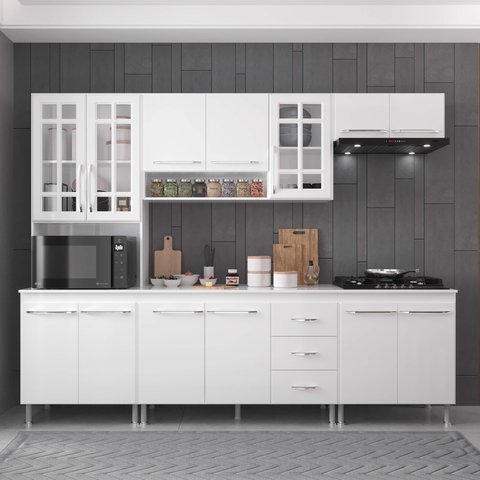 Armário de Cozinha Modulada Completa Fidelitá Viena 5 Peças 260cm 13 Portas 3 Gavetas com Tampo
