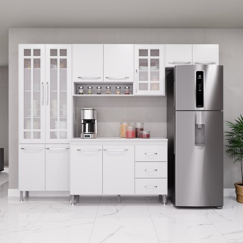 Cozinha Modulada Compacta Fidelitá Viena 4 Peças 260cm 11 Portas 3 Gavetas com Tampo